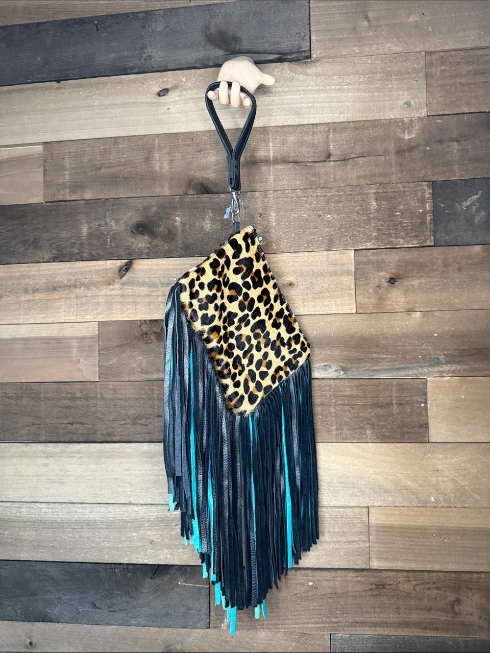 Leopard Print Fringe Wristlet Clutch in Black & Turquoise 100% leather hide